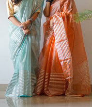 Load image into Gallery viewer, Handloom Chanderi Sari in Aqua and Orange
