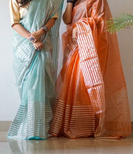 Handloom Chanderi Sari in Aqua and Orange