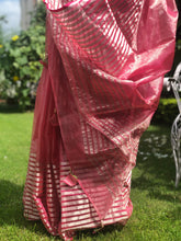 Load image into Gallery viewer, Handloom Chanderi Saree in blush pink with zari work on border and pallu
