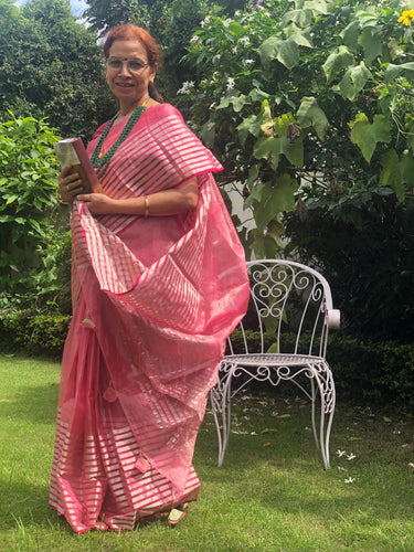 Handloom Chanderi Saree in blush pink with zari work on border and pallu