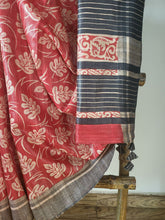 Load image into Gallery viewer, Leaf hand block printed red tussar silk saree with black striped blouse piece
