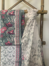 Load image into Gallery viewer, Grey kurta with block print pink flowers on it and a white bottom and lightweight white block printed dupatta
