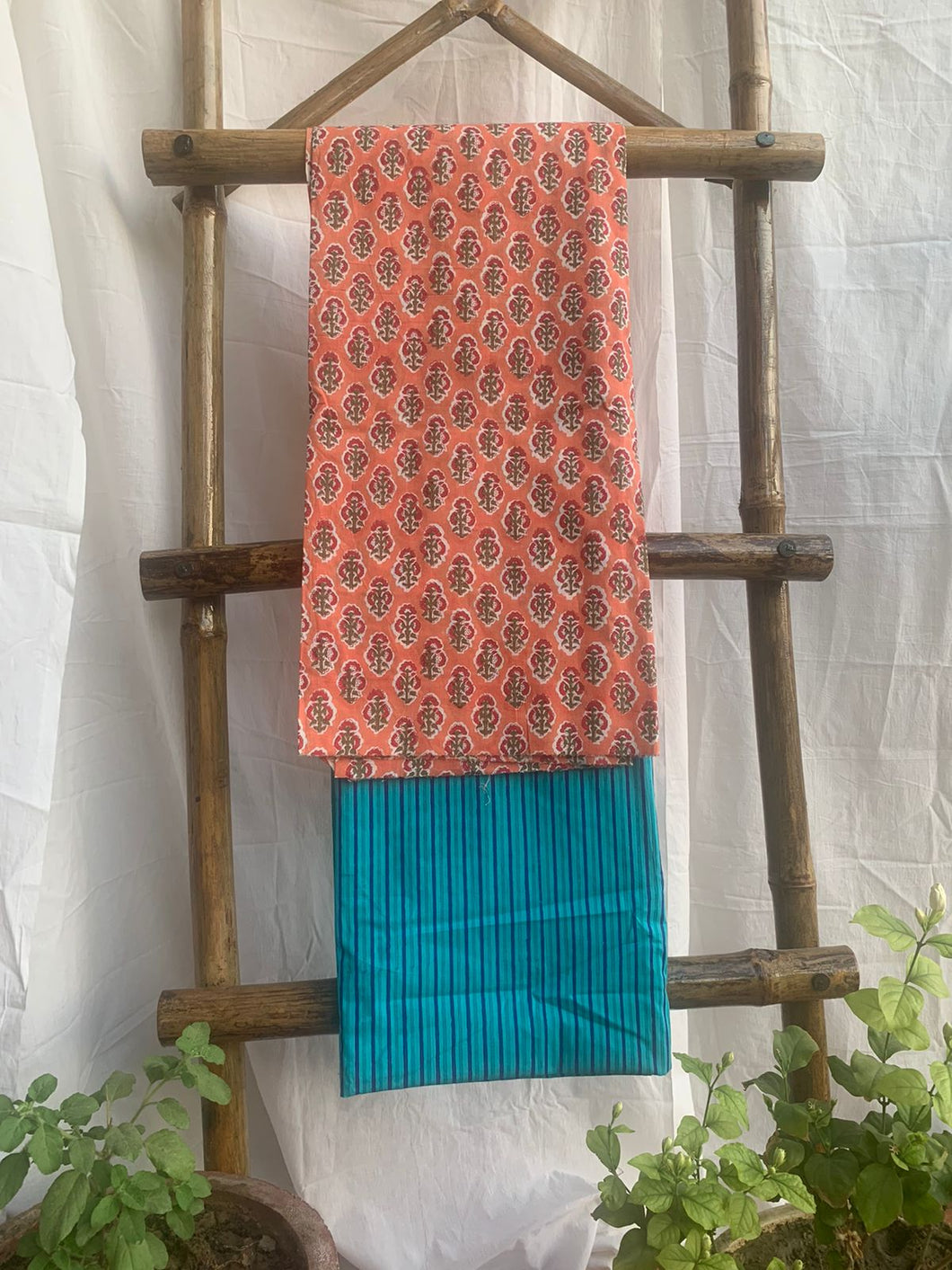 Orange/Teal Hand-block Printed Kurta Set