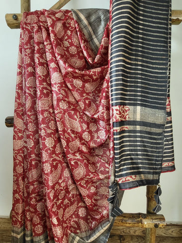 Red Tussar Silk Saree with black stripes blouse