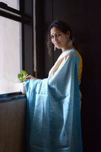 Load image into Gallery viewer, Pure Tussar Silk Saree in Beige with Blue Stripes on pallu
