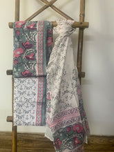 Load image into Gallery viewer, Grey kurta with block print pink flowers on it and a white bottom and lightweight white block printed dupatta
