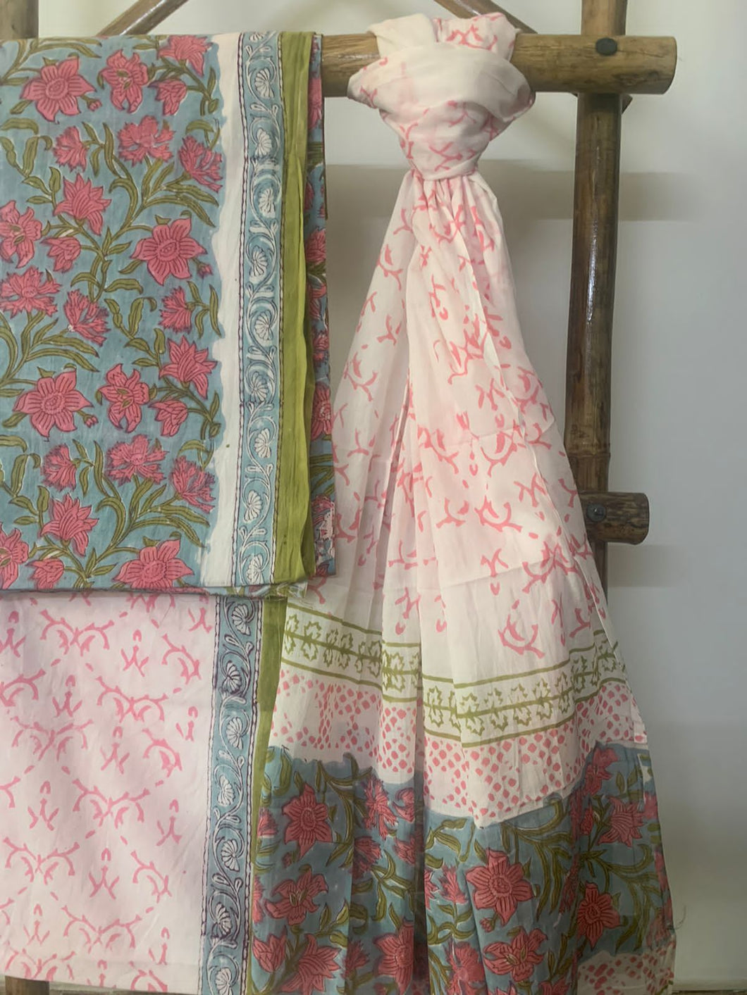 Grey and Pink Cotton Block Printed Kurta Set