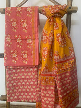 Load image into Gallery viewer, Peach and Mustard Cotton Block Printed Kurta Set
