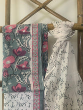 Load image into Gallery viewer, Grey kurta with block print pink flowers on it and a white bottom and lightweight white block printed dupatta
